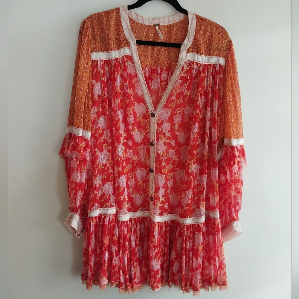 Free People Orange & Red Patchwork Floral Semi Sheer Boho Babydoll Tunic Dress
